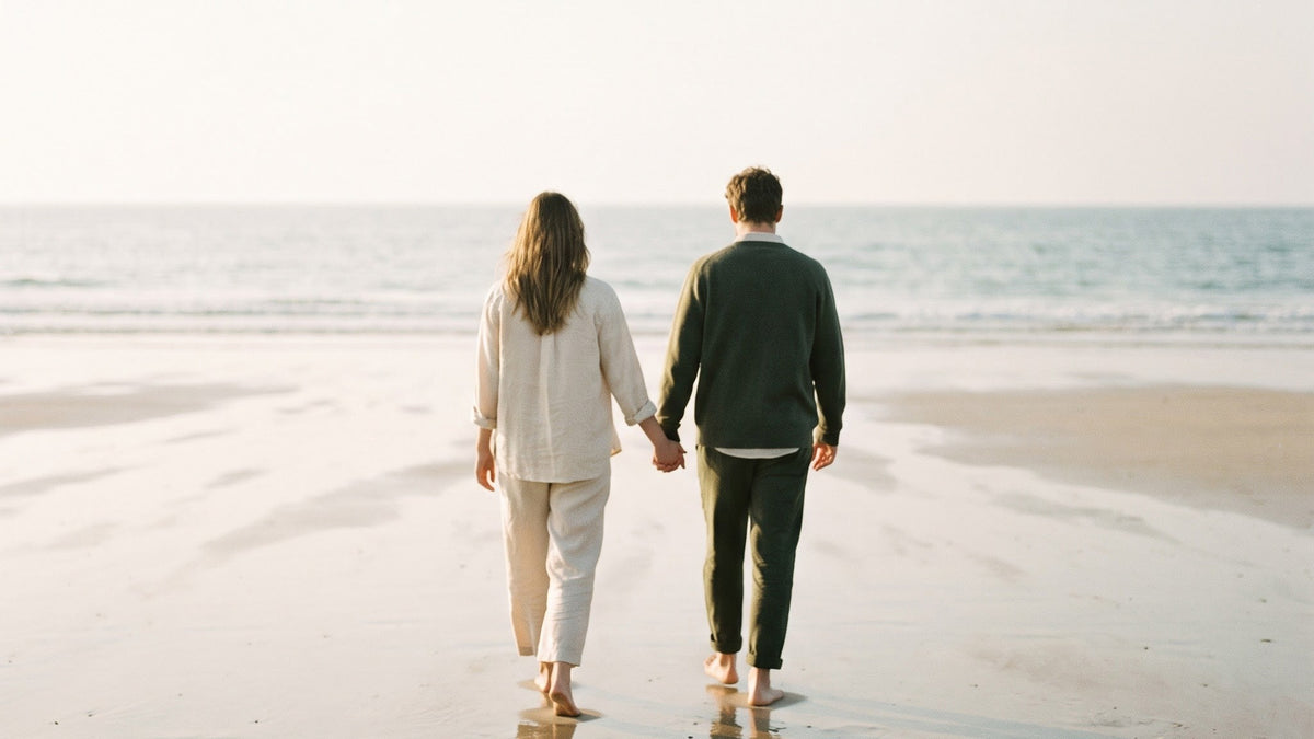 A couple walking hand in hand along the shoreline at golden hour, seen from behind