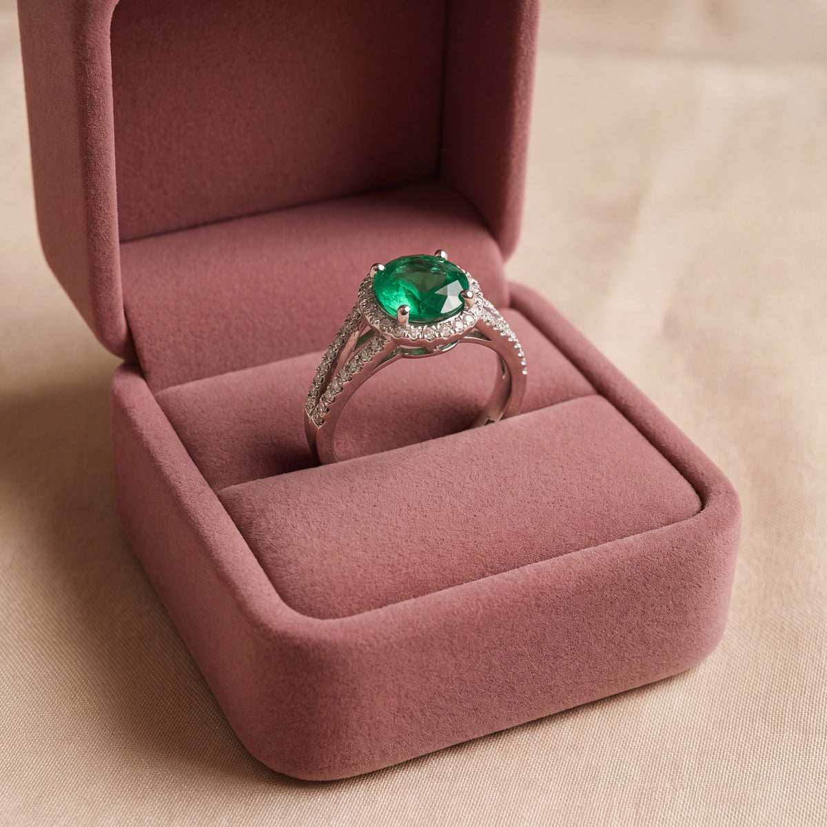 1.13 ct Round Emerald and Diamond Halo Split Shank Ring in 14K White Gold
