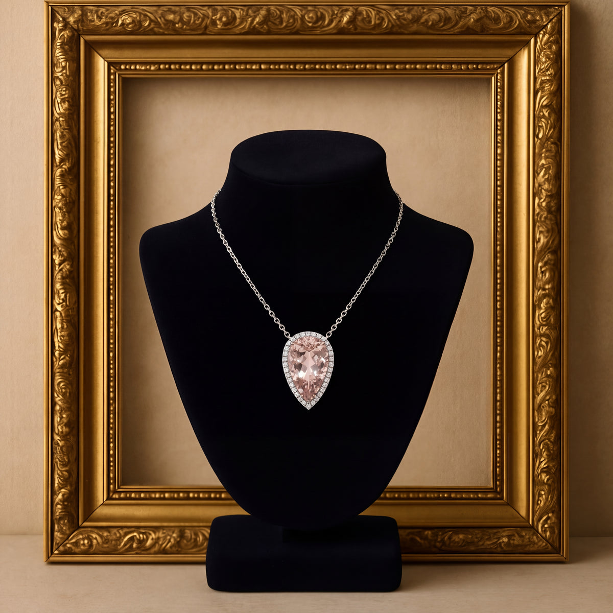 5.88 ct Pear-Cut Morganite and Diamond Halo Pendant Necklace in 14K White Gold