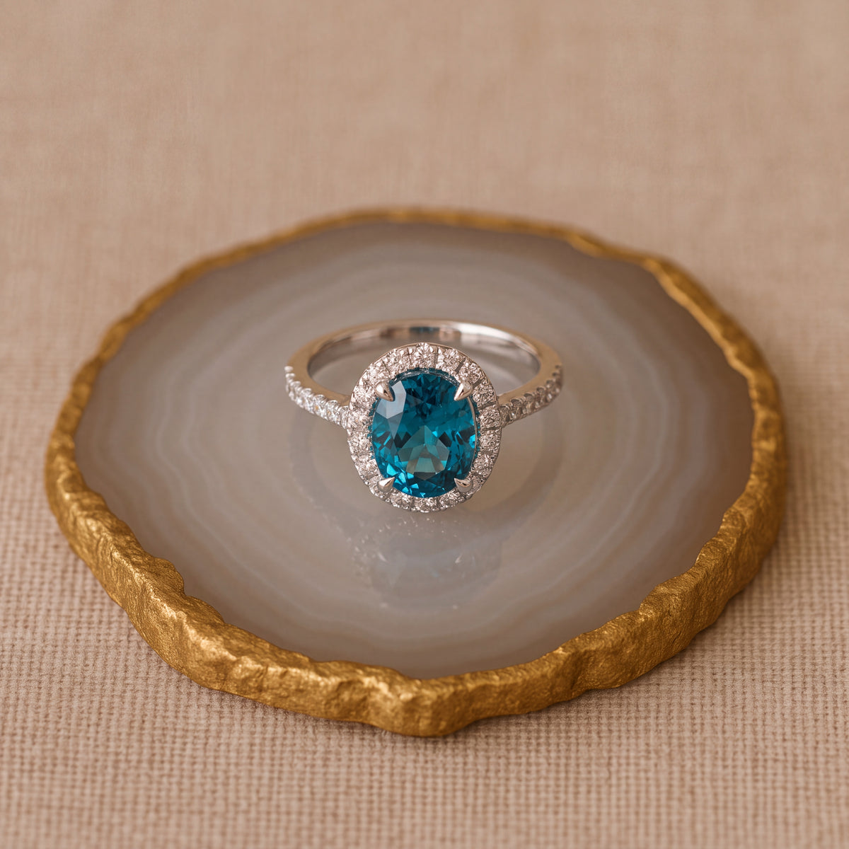 5.75 ct Oval Blue Zircon and Diamond Halo Ring in 14K White Gold