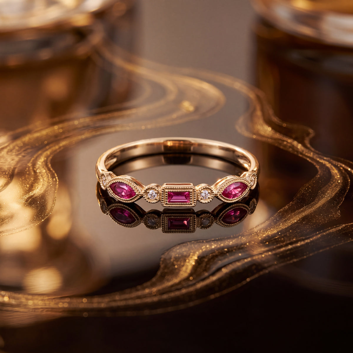 Yellow gold ring of rubies and small diamonds framed in milgrain