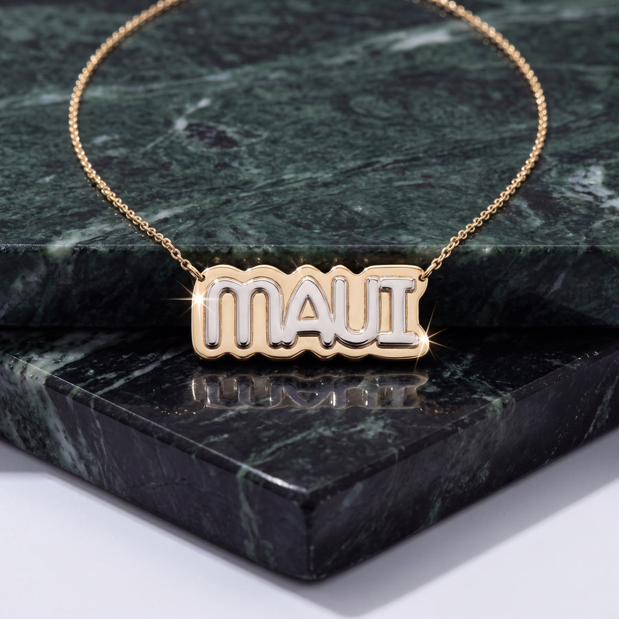Two-tone gold MAUI nameplate necklace