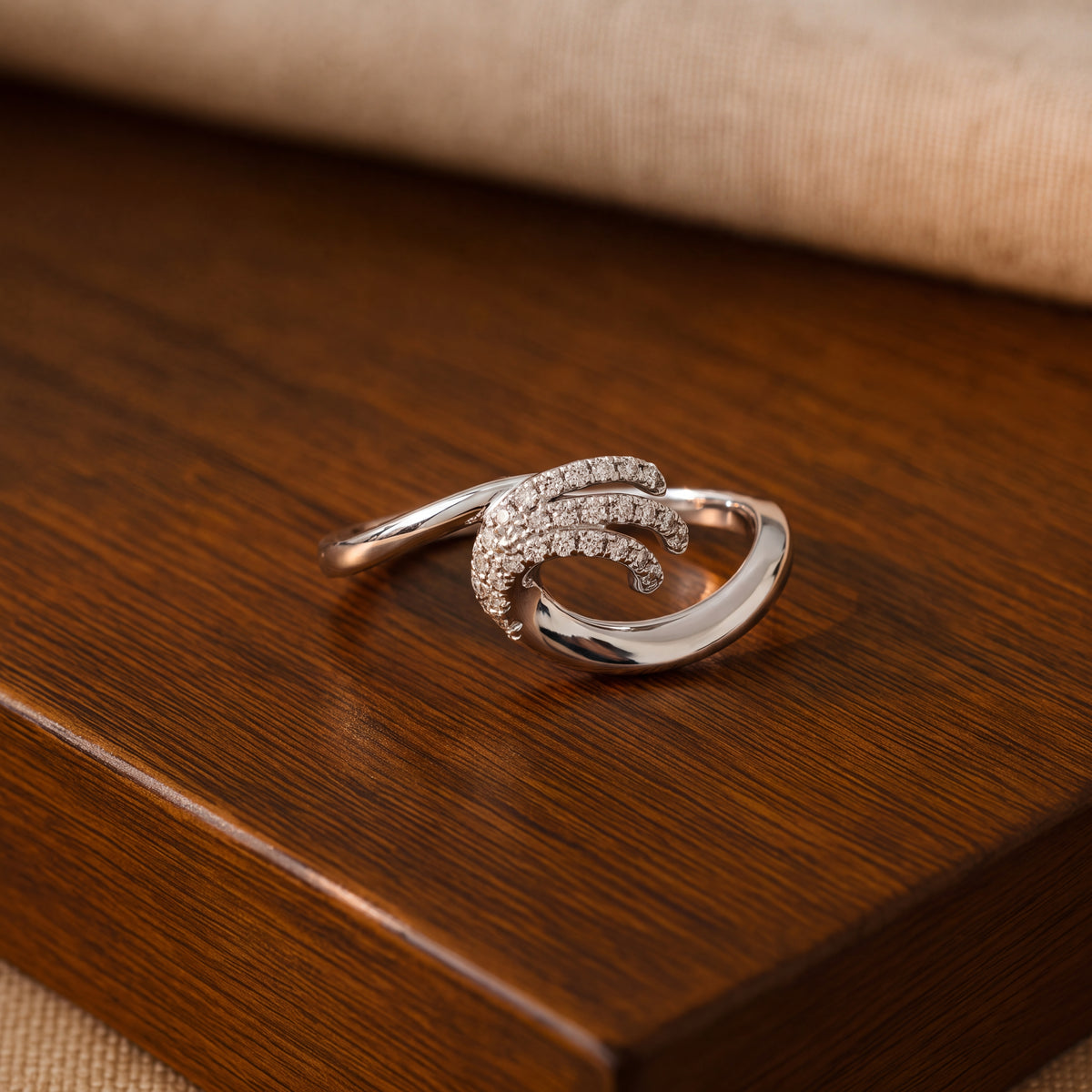 0.11 ct Sculptural Diamond Pavé Wave Bypass Ring in 14K White Gold