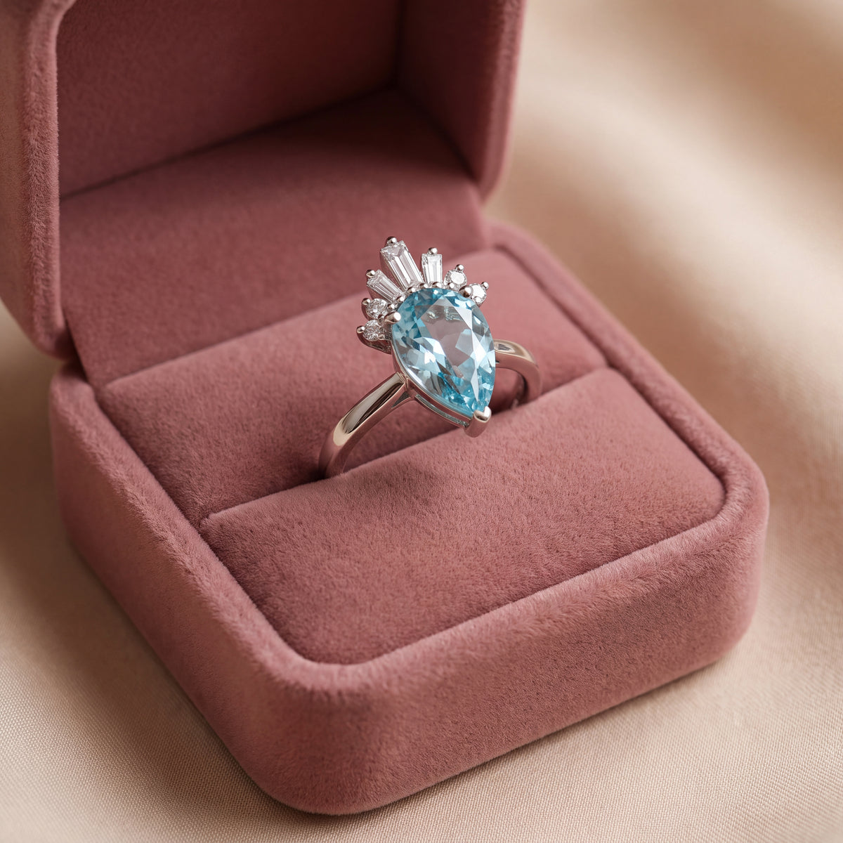 1.81 ct Pear Blue Topaz and Diamond Crown Cocktail Ring in 18K White Gold