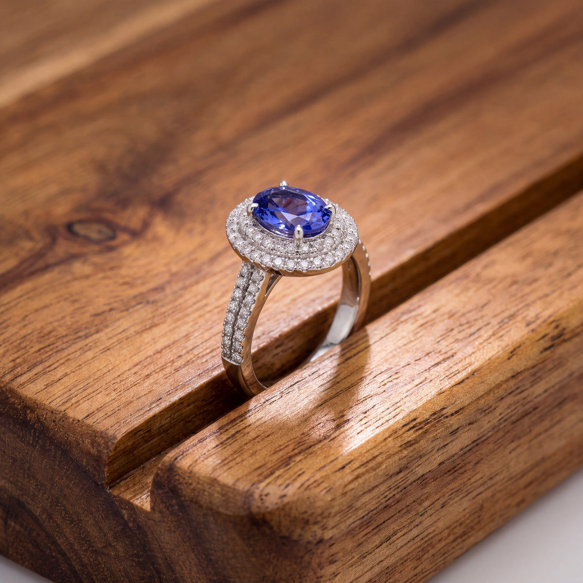 1.49 ct Oval Tanzanite and Diamond Double Halo Cocktail Ring in 14K White Gold