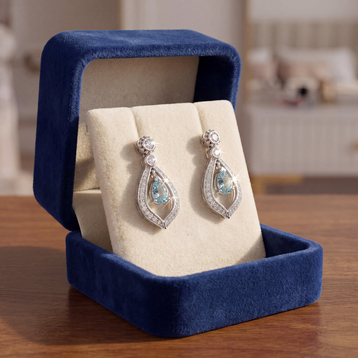2.12 ct Pear Aquamarine and Diamond Drop Earrings in 14K White Gold