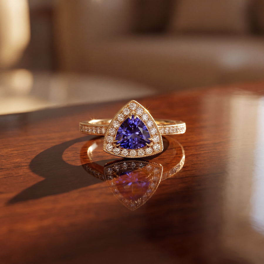 Trillion-cut tanzanite in a diamond halo on a yellow gold band