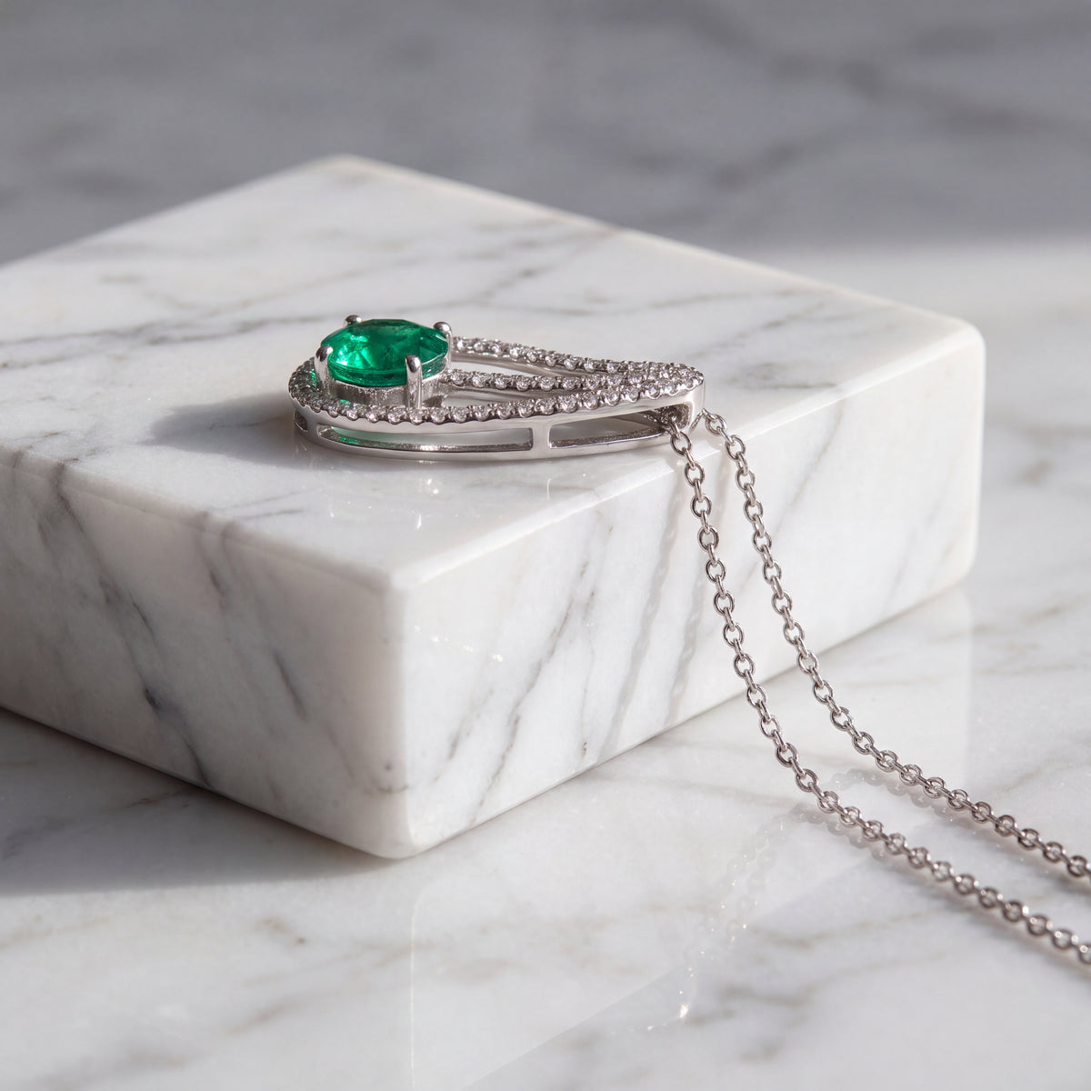 0.64 ct Emerald and Diamond Teardrop Pendant Necklace in 14K White Gold