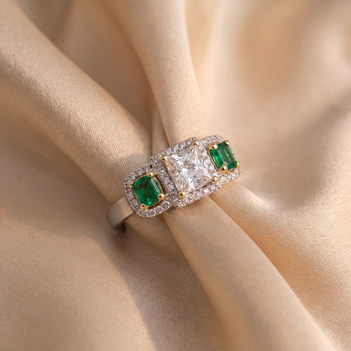 1.03 ct Princess-Cut Diamond and Emerald Three-Stone Halo Ring in 14K White Gold