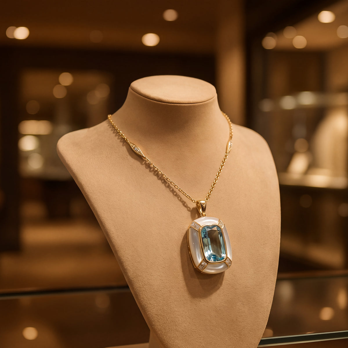 Cushion blue topaz pendant framed in mother of pearl with pave diamond corners on an 18K yellow gold chain