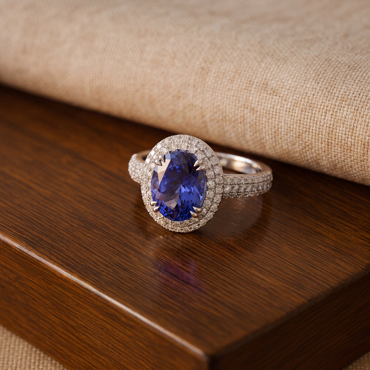 1.93 ct Oval Tanzanite and Diamond Double Halo Cocktail Ring in 14K White Gold