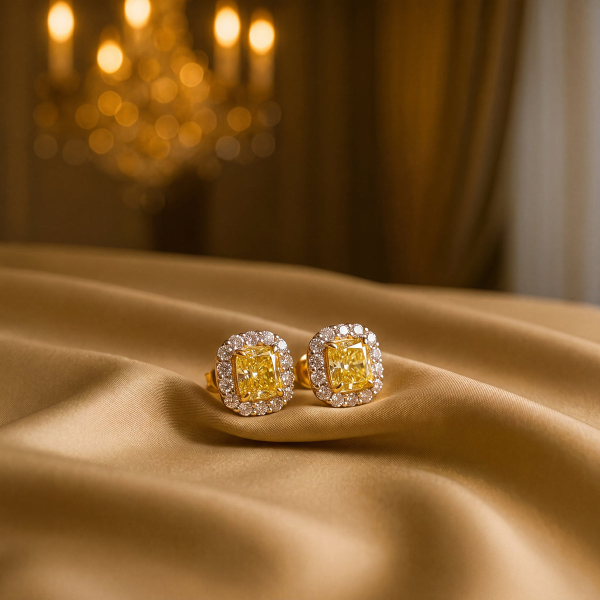2.03 ct Fancy Intense Yellow Diamond Halo Stud Earrings in 18K White and Yellow Gold