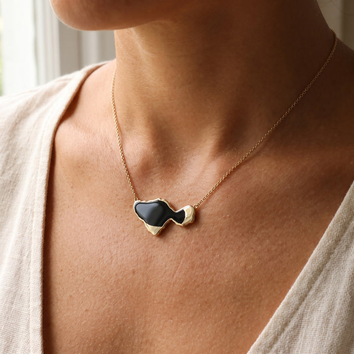 Abstract Black Onyx Pendant Necklace in 14K Yellow Gold, worn