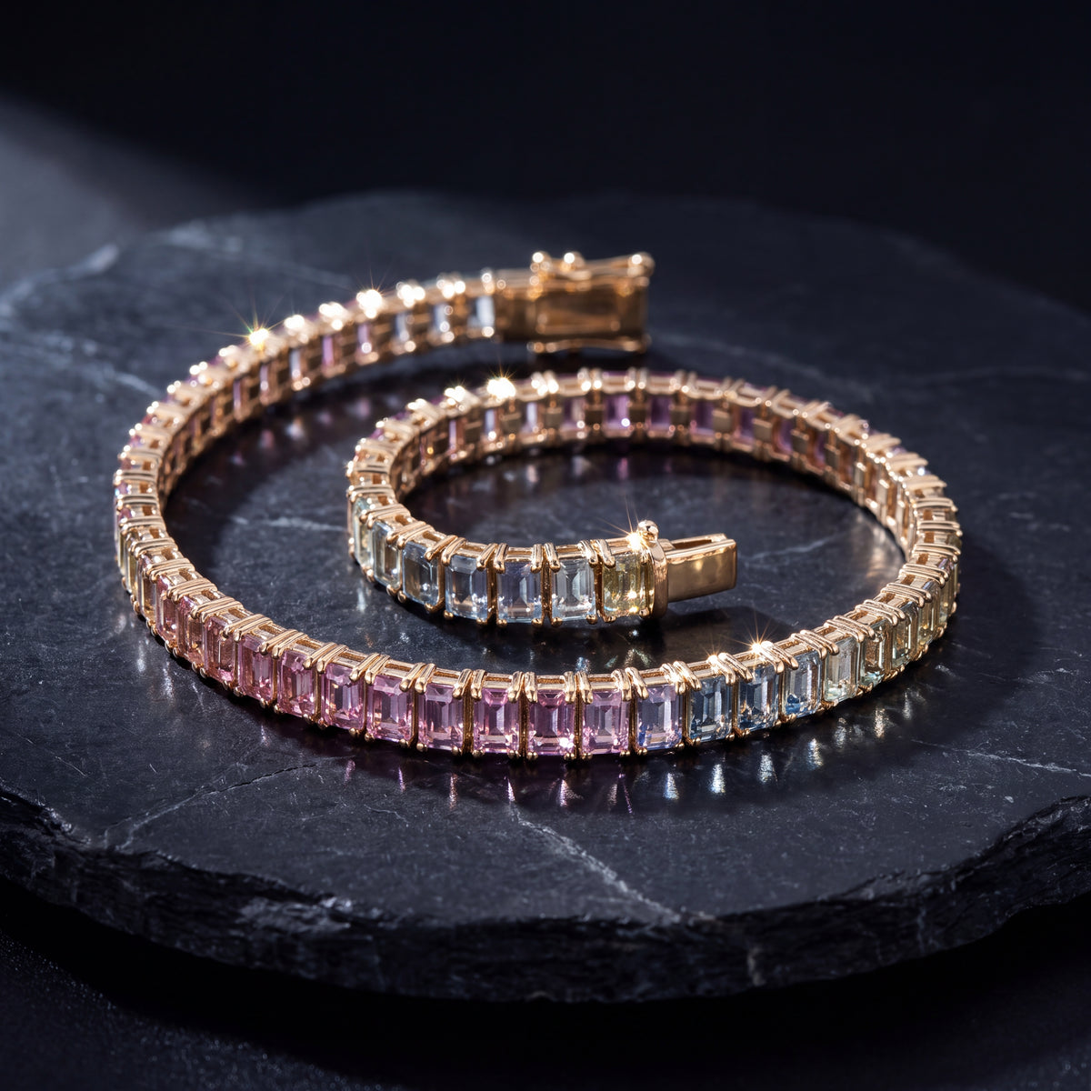 Yellow gold tennis bracelet of rectangular sapphires shading pink to blue