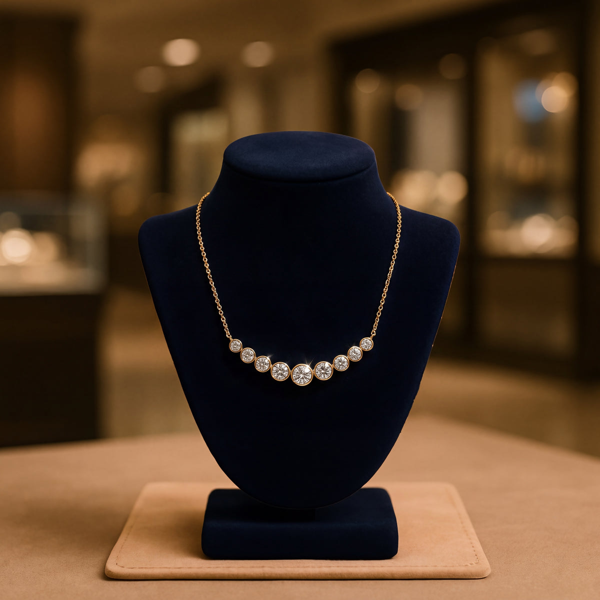 Yellow gold necklace with a curve of graduated bezel-set diamonds