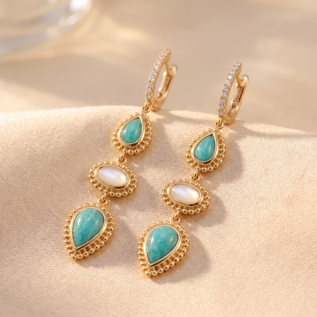3.43 ct Amazonite, Mother of Pearl and Diamond Beaded Dangle Earrings in 18K Yellow Gold