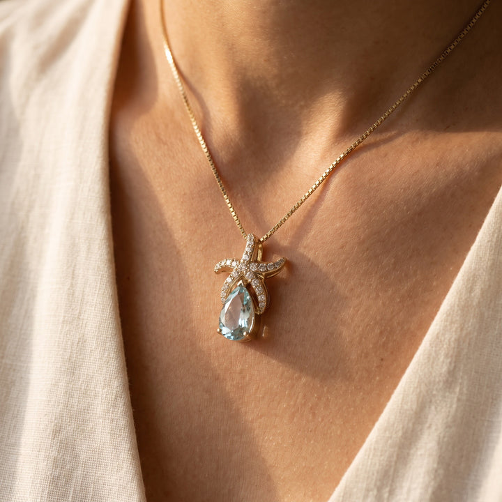 2.21 ct Aquamarine and Diamond Starfish Pendant Necklace in 14K Yellow Gold, worn
