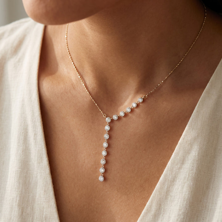 0.99 ct Asymmetrical Diamond Y-Necklace in 18K Yellow Gold, worn