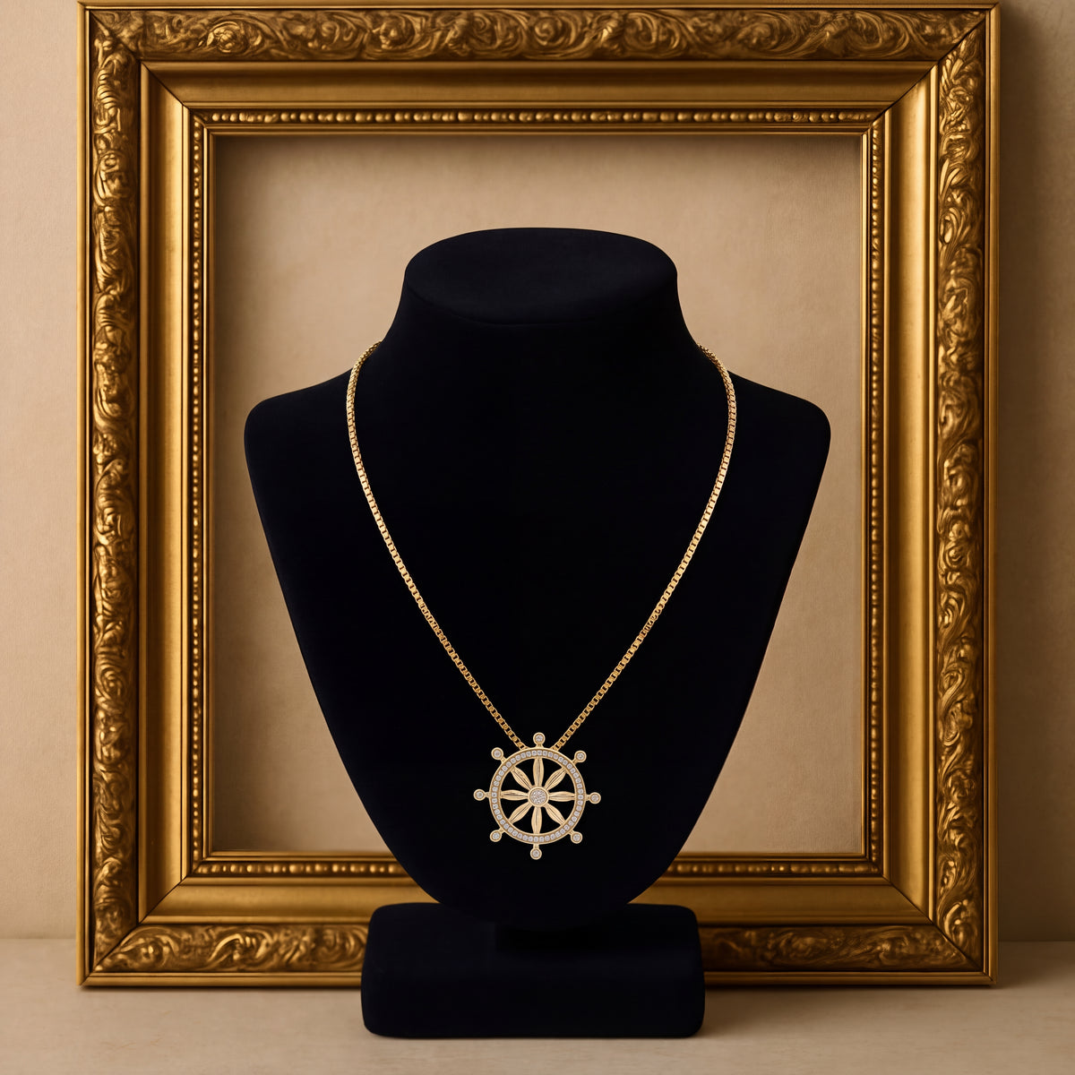 Yellow gold ship's wheel pendant with a center diamond and diamonds along the inner rim and spoke tips