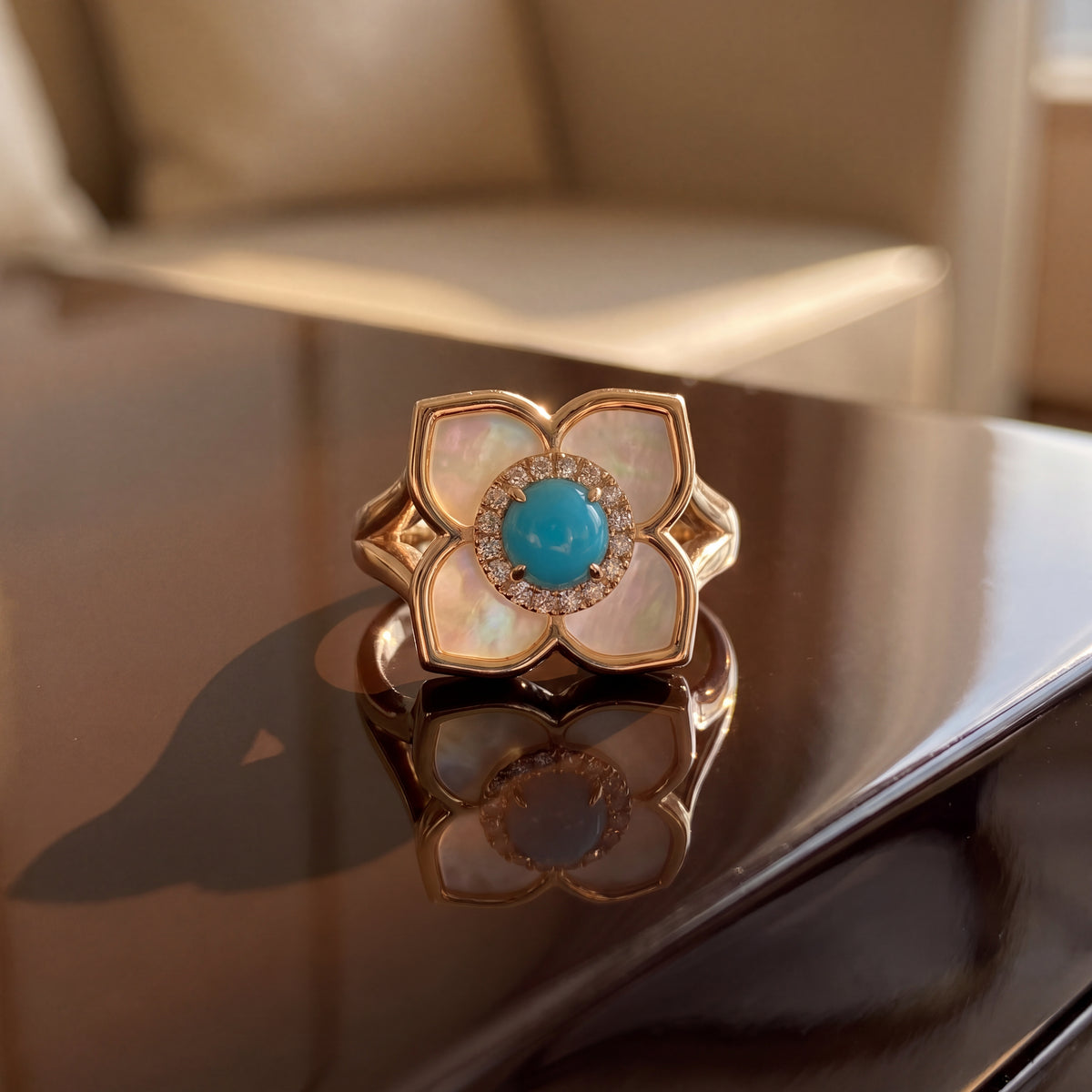 0.59 ct Turquoise and Mother of Pearl Floral Cocktail Ring in 18K Yellow Gold