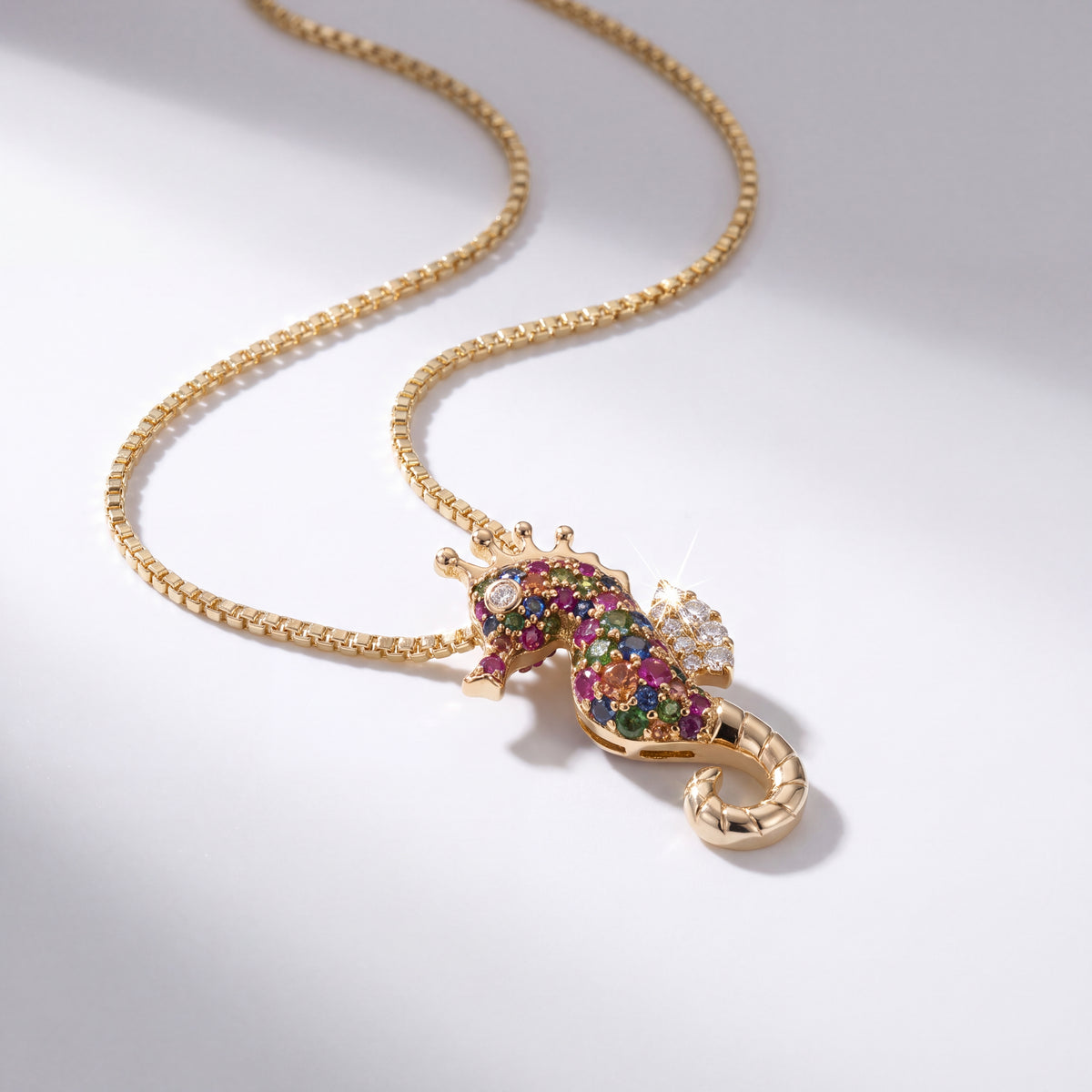 0.07 ct Multi-Color Sapphire and Diamond Seahorse Pendant in 14K Yellow Gold