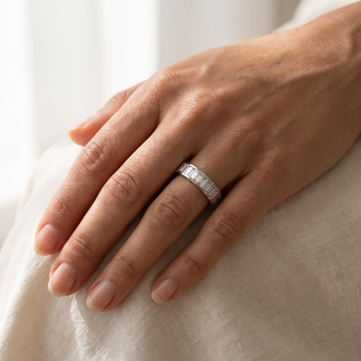 Baguette Diamond Channel-Set Eternity Ring in White Gold, worn