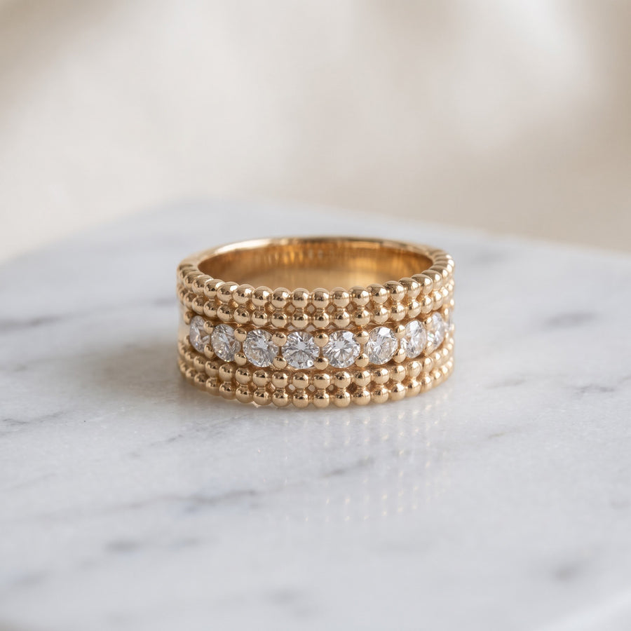 Beaded Yellow Gold Diamond Band Ring