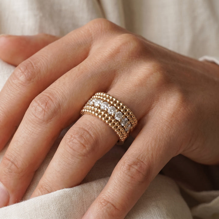 0.80 ct Beaded Diamond Band Ring in 14K Yellow Gold, worn