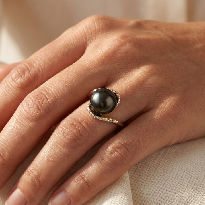 Black Tahitian Pearl and Diamond Bypass Cocktail Ring in 14K Yellow Gold, worn
