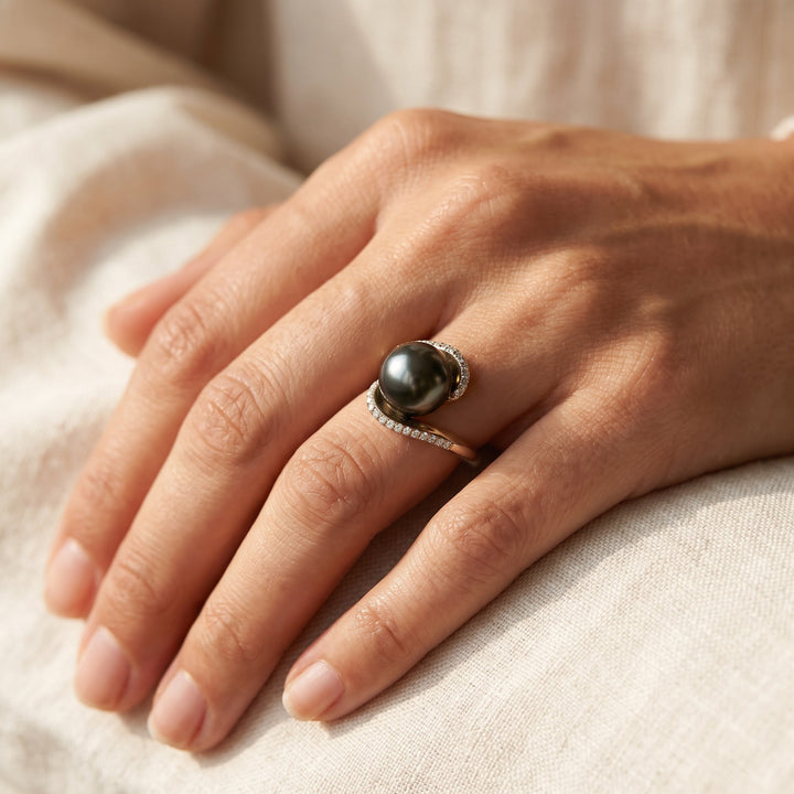 Black Tahitian Pearl Bypass Cocktail Ring with Pavé Diamonds in 14K Yellow Gold, worn