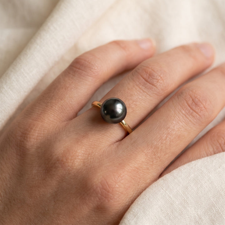 Black Tahitian Pearl Solitaire Ring in 14K Yellow Gold, worn