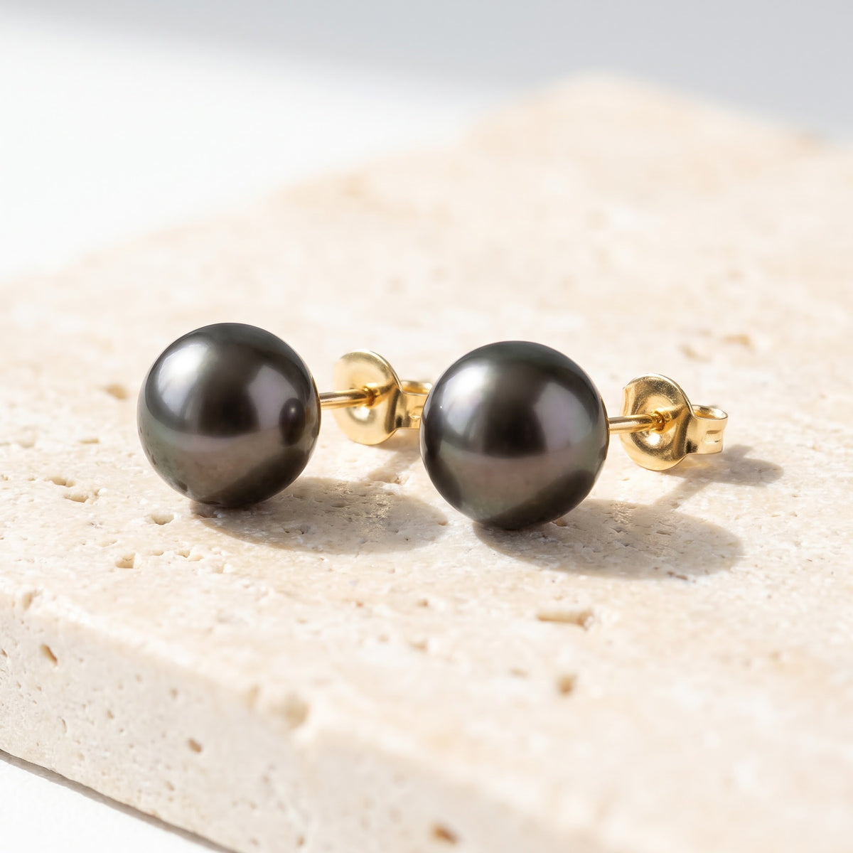 Black Tahitian Pearl Stud Earrings in 14K Yellow Gold
