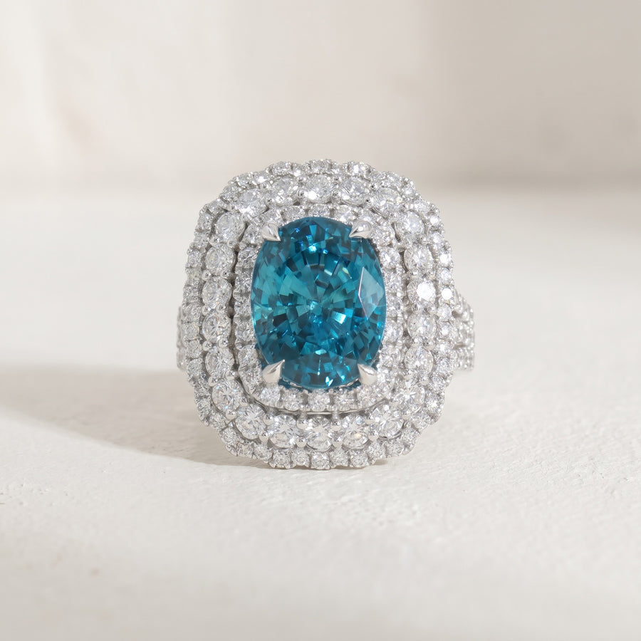 Blue Zircon and Diamond Double Halo Cocktail Ring in 14K White Gold