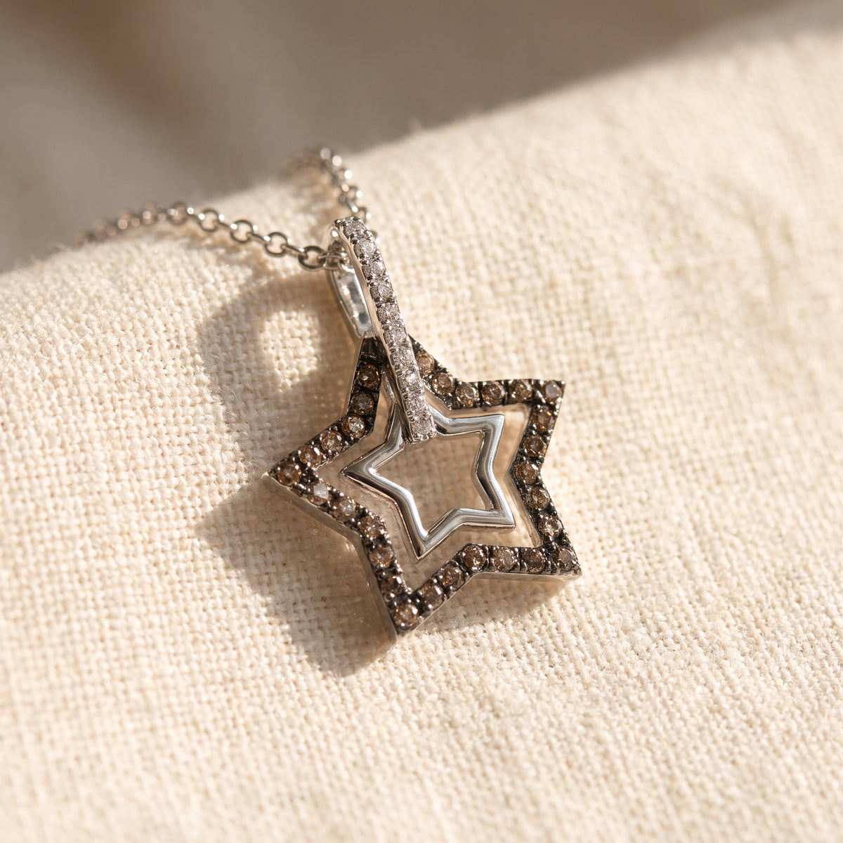 0.61 ct Fancy Brown and White Diamond Star Charm Necklace in 14K White Gold