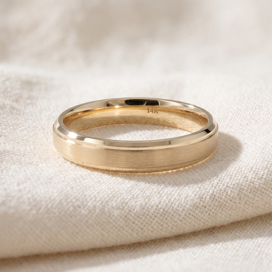 Brushed Yellow Gold Band Ring with Polished Beveled Edges