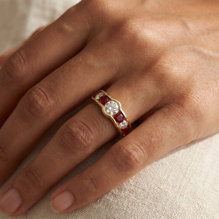 3.40 ct Burma Ruby and Diamond Multi-Stone Ring in 18K Yellow Gold, worn