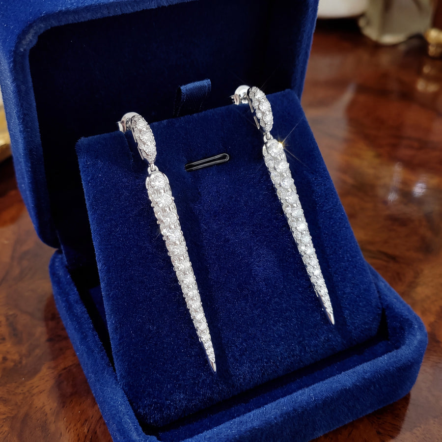 Spike drop earrings fully pave-set with round diamonds in 14K white gold