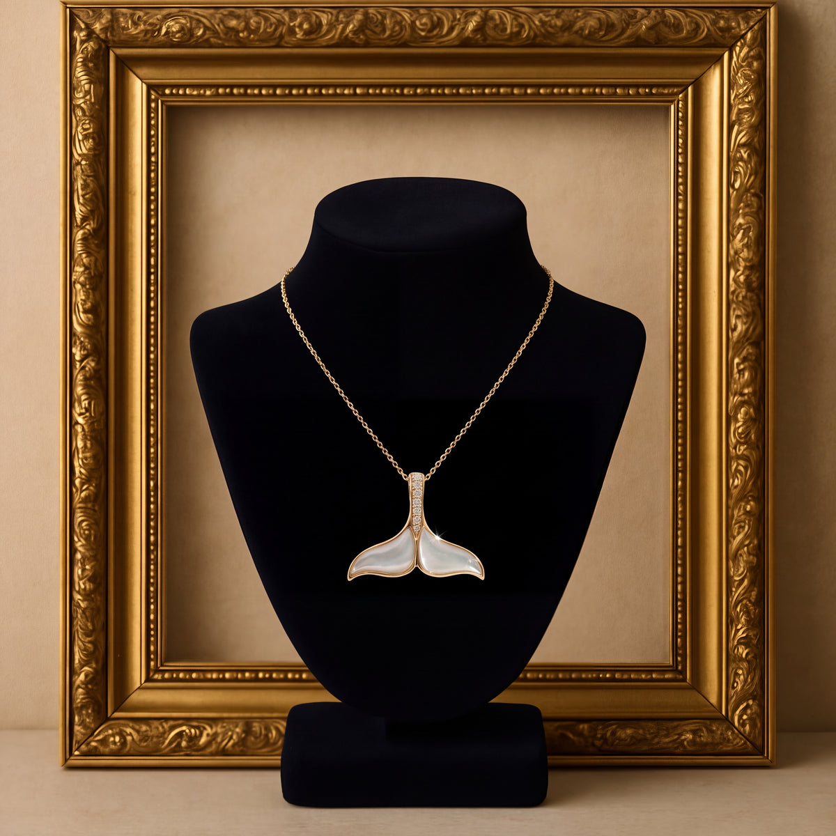 2.12 ct Mother of Pearl and Diamond Whale Tail Pendant Necklace in 18K Yellow Gold