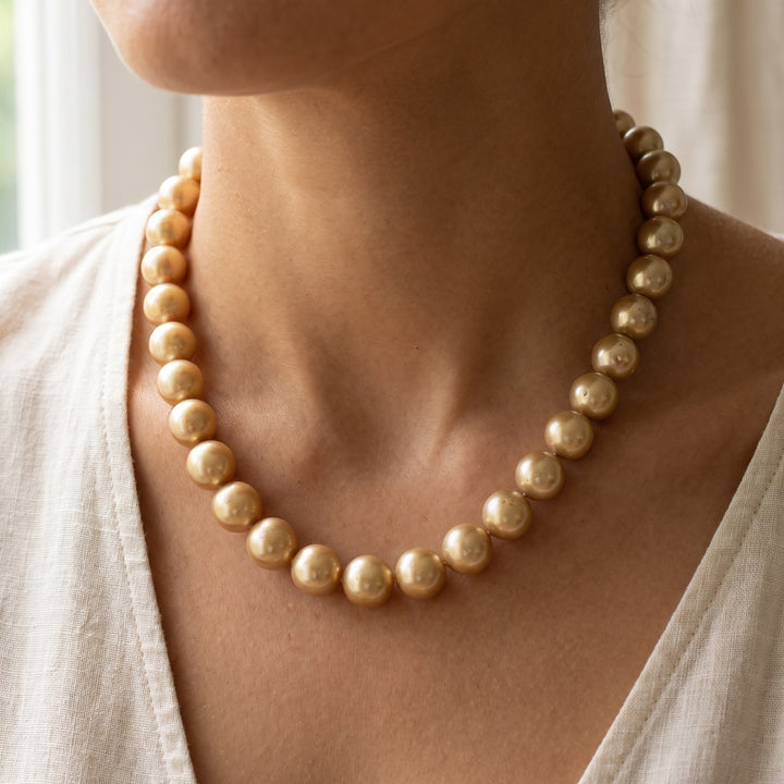 Classic Golden South Sea Pearl Strand Necklace in 14K Yellow Gold, worn