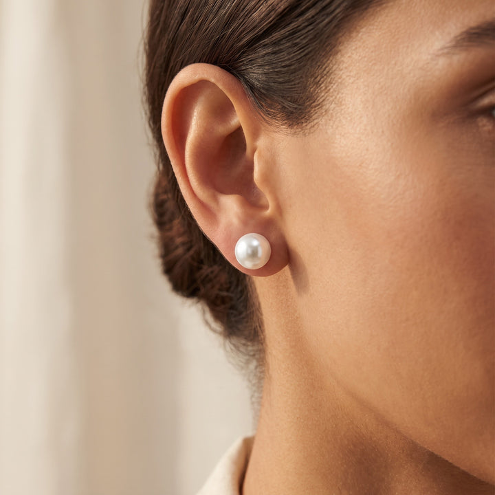 Classic White South Sea Pearl Stud Earrings in 14K White Gold, worn