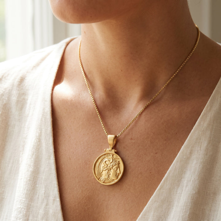 Classical Profile Coin Pendant Necklace in 18K Yellow Gold, worn