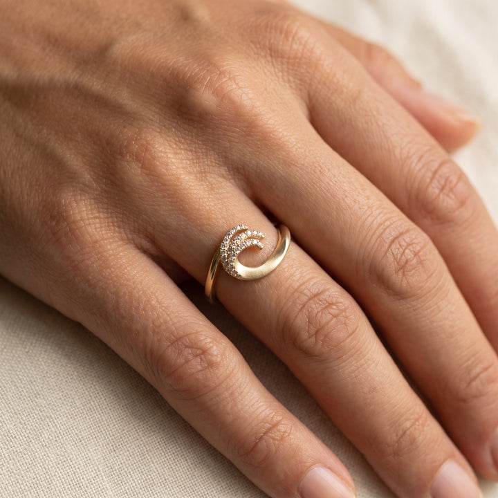 0.11 ct Contemporary Diamond Wave Ring in 14K Yellow Gold, worn