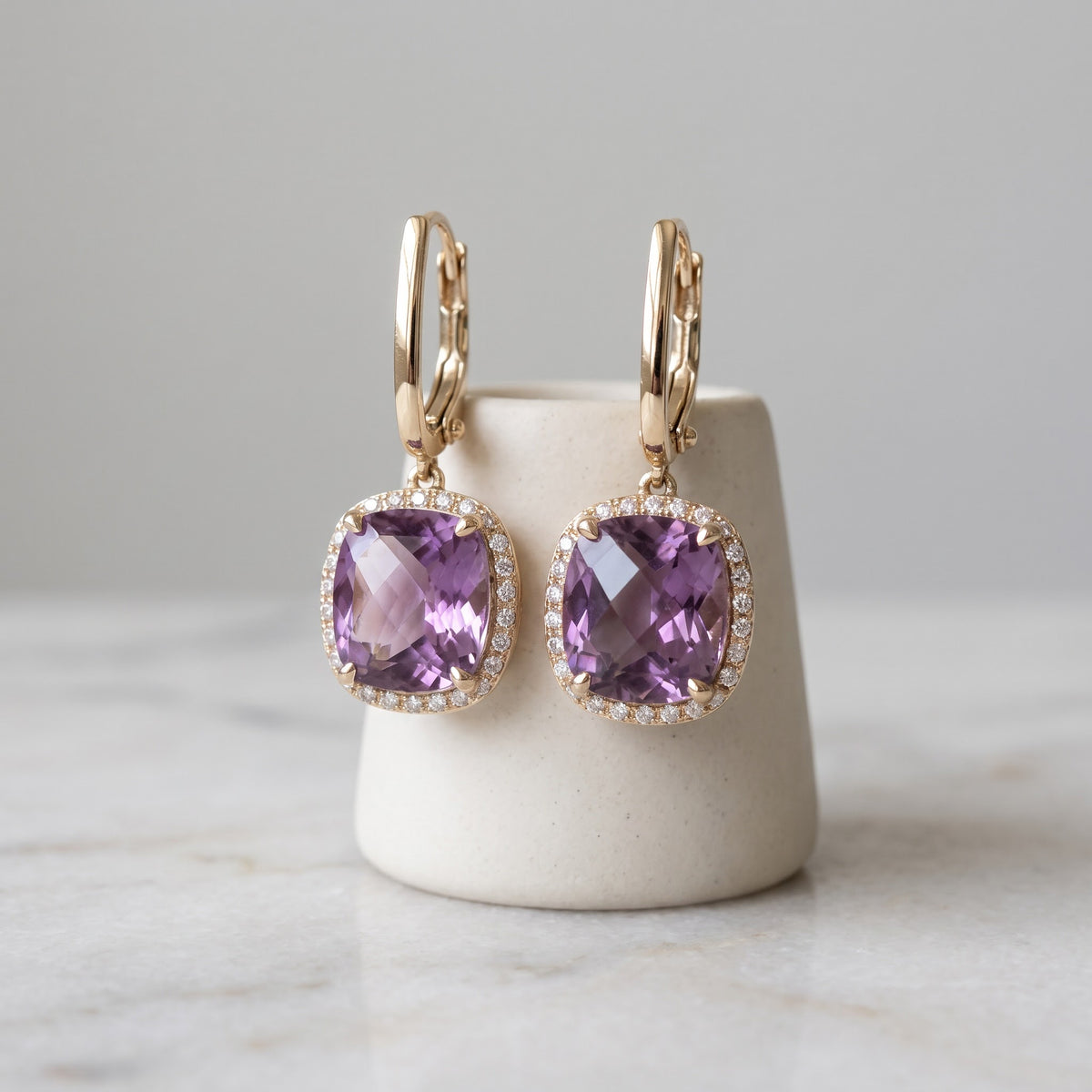 6.43 ct Cushion-Cut Amethyst and Diamond Halo Drop Earrings in 18K Yellow Gold