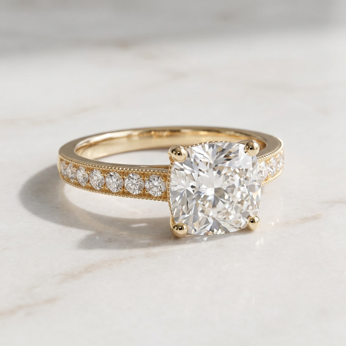 3.04 ct Cushion Cut Diamond Ring with Pavé Band in 14K Yellow Gold