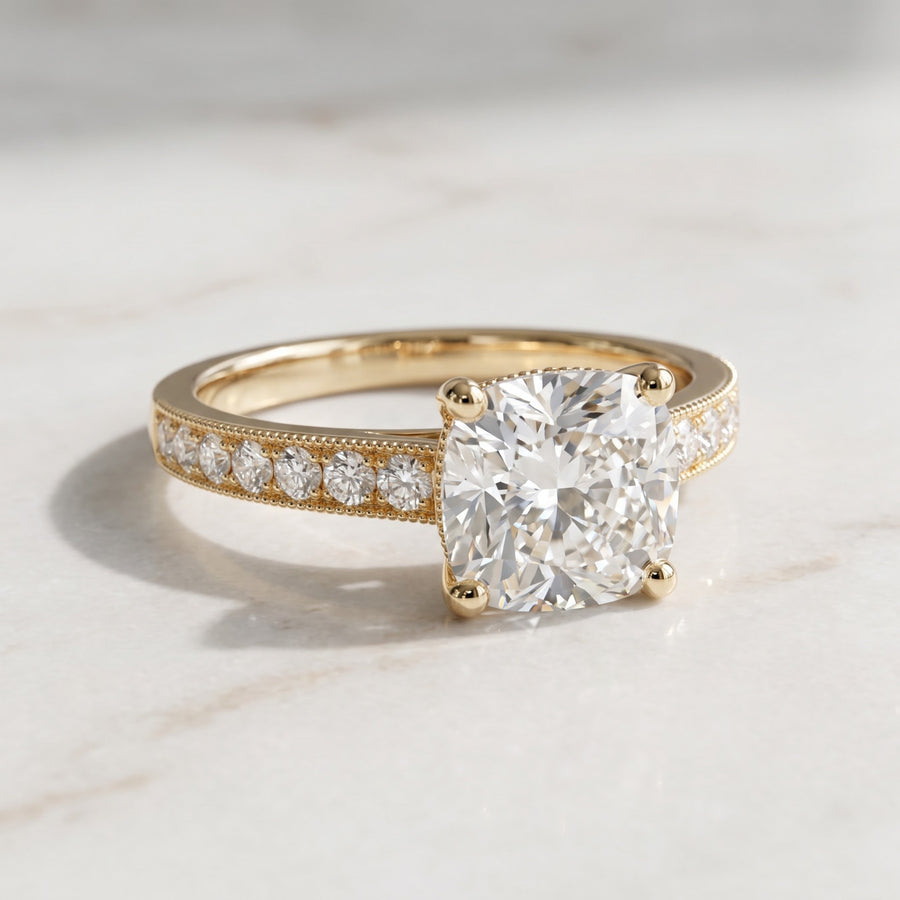 Cushion Cut Diamond Ring with Pavé Yellow Gold Band