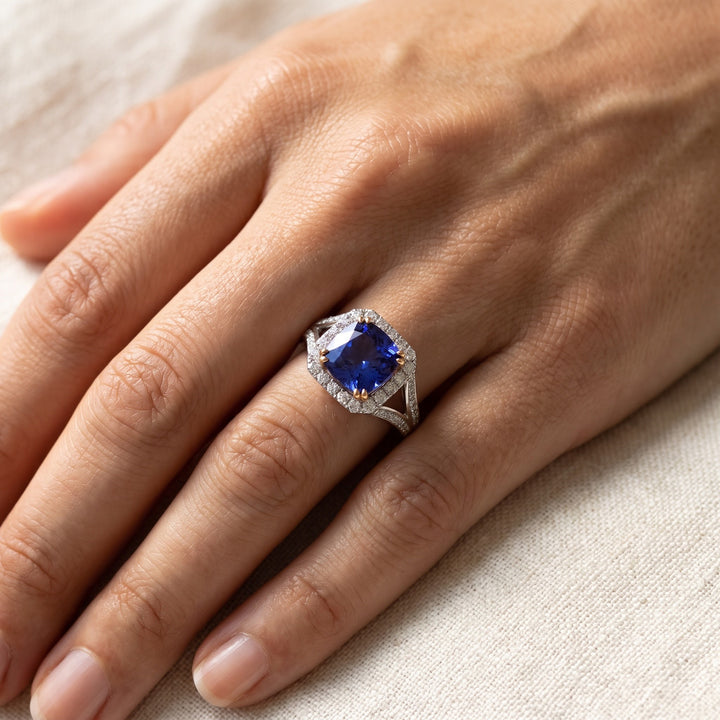 3.37 ct Cushion-Cut Tanzanite and Diamond Halo Cocktail Ring in 18K White Gold, worn