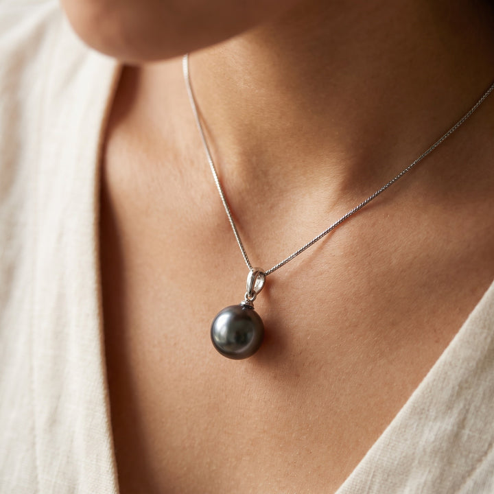 Tahitian Pearl Solitaire Pendant Necklace in 14K White Gold, worn