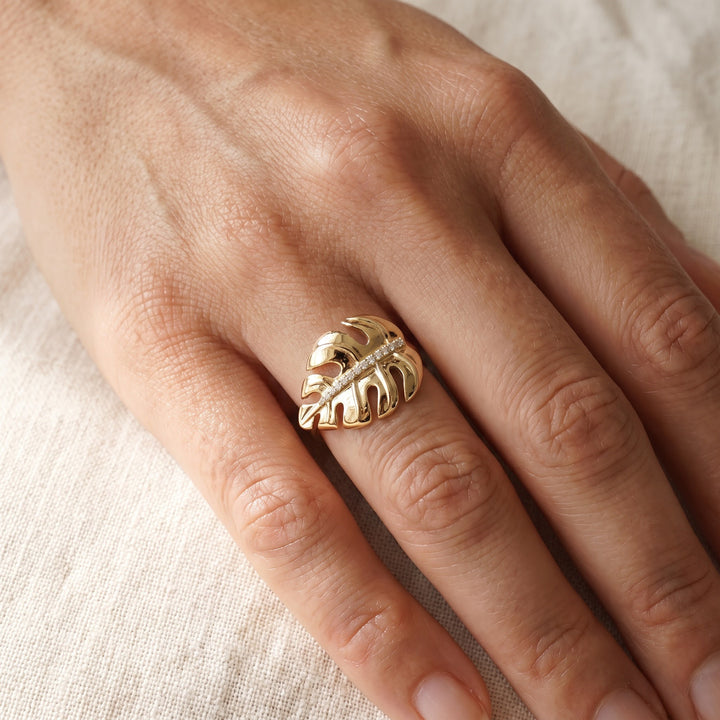 0.09 ct Diamond Accent Monstera Leaf Ring in 18K Yellow Gold, worn