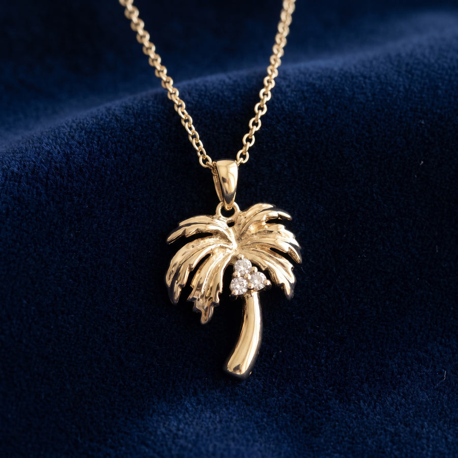 Diamond Accent Palm Tree Pendant Necklace in Yellow Gold