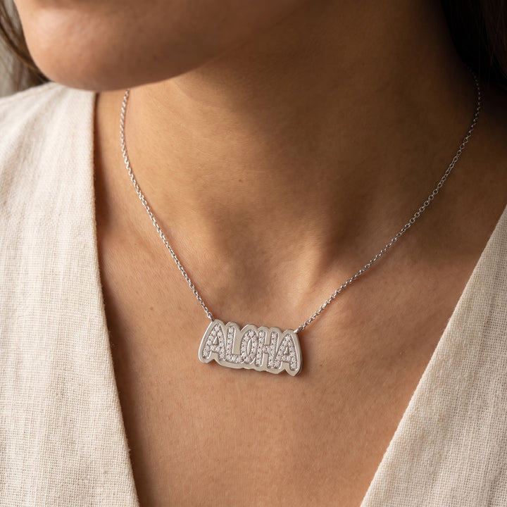0.25 ct Diamond "ALOHA" Word Necklace in 14K White Gold, worn